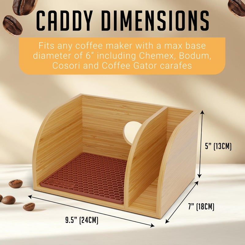 HEXNUB Caddy and Lid for Pour Over Coffee Maker, Bamboo Stand fits Chemex, Bodum, Cosori Carafes, Heatproof Mat, Filter Holder for Drip Coffee Maker - Brown Mat - Image 3
